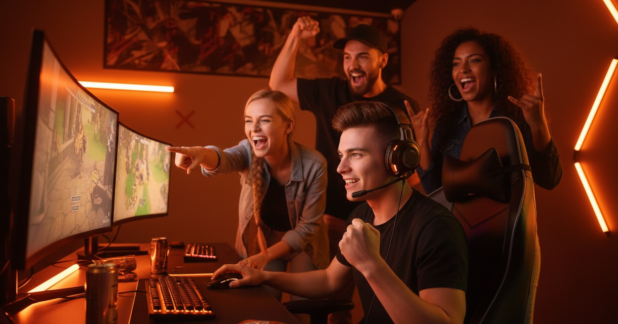 Grupo de personas jugando videojuegos en una pc gamer